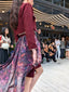 Claret Twirl — original rear detail showing the printed overskirt panel and burgundy tailoring