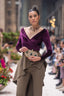 Velvet Vesper — original front runway portrait showing plum velvet and the olive draped panel
