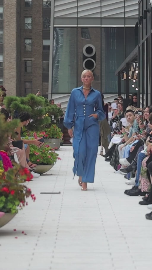 Denim Dahlia — New York Fashion Week runway clip, front and side views